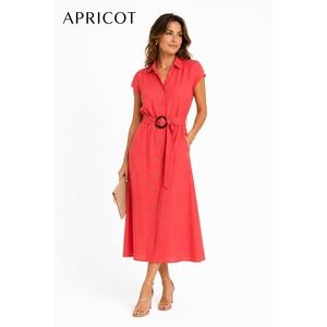 Apricot Coral Belted Button Front Midi Dress Linen